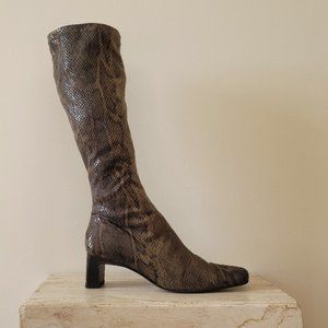 Olive green snakeskin print calf-high boots